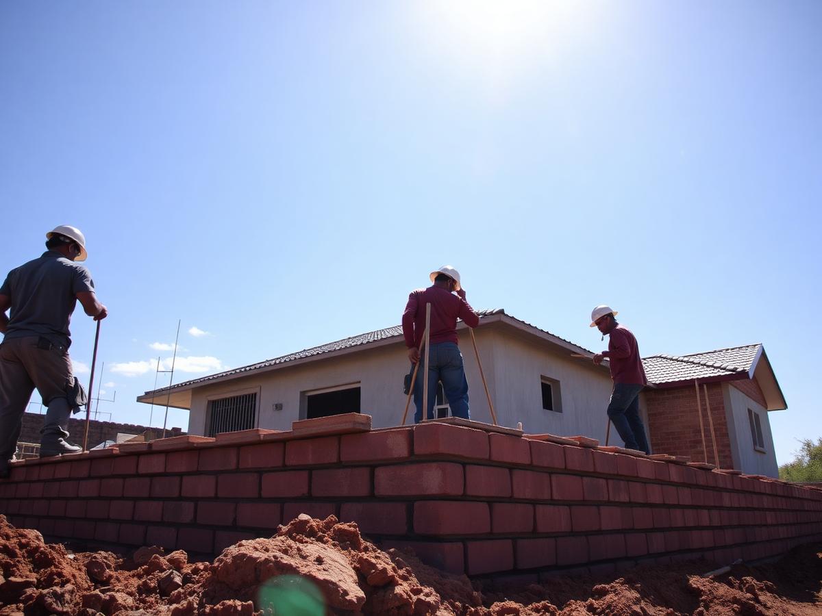 Builders laying brickwork on a new home