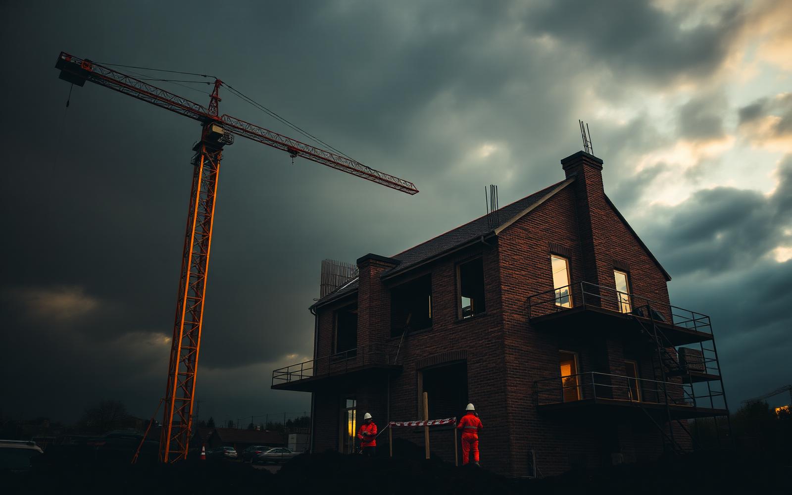Construction site with a crane and a house under construction at dusk